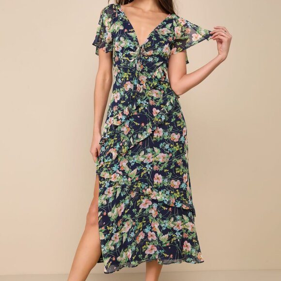 Floral Backless Midi Dress - Romantic & Elegant | Ruffled Special Occasion Dress - Picture 2 of 4